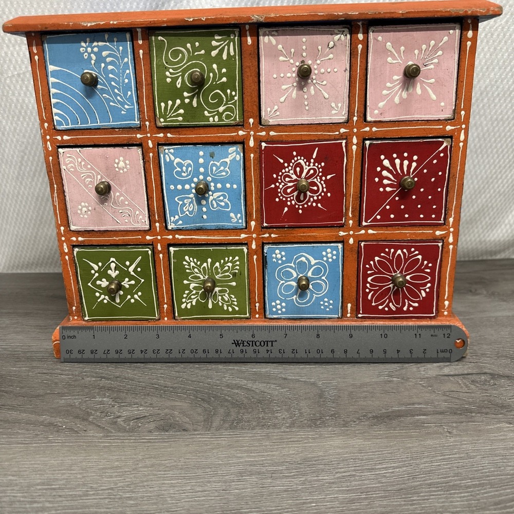 Hand Painted Wooden 12 Drawer Spice Chest Jewelry Box Multi Color Boho Folk Art - Picture 4 of 13